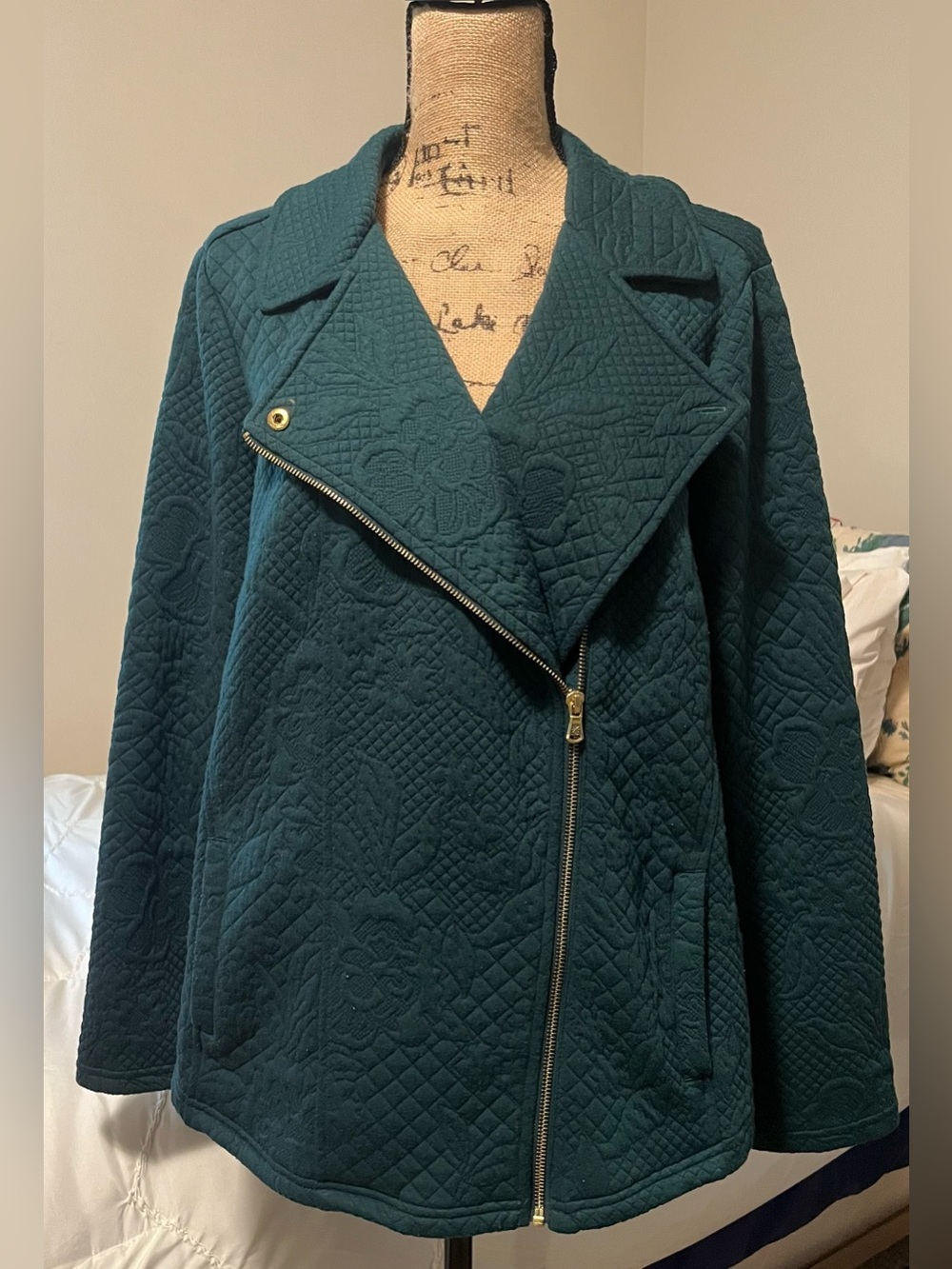 Isaac Mizrahi Forest Green Knit Floral Jacquard Motorcycle Jacket Size XL
